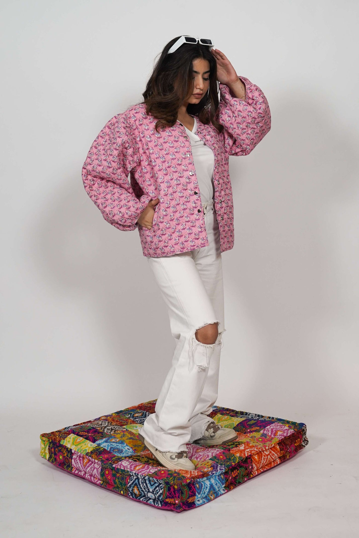 Oversized puffy sleeve quilted jacket - Pink Petals