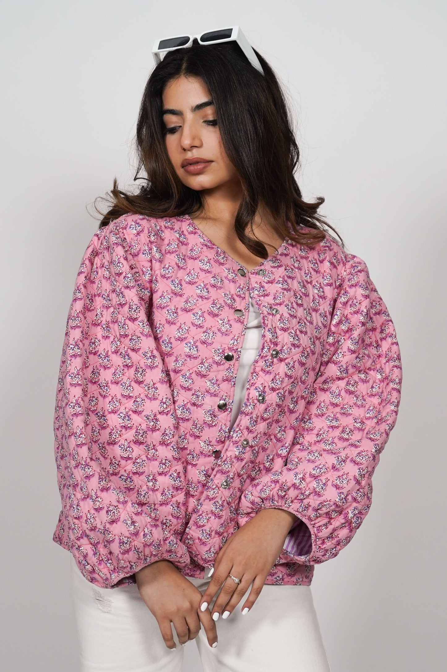 Oversized puffy sleeve quilted jacket - Pink Petals