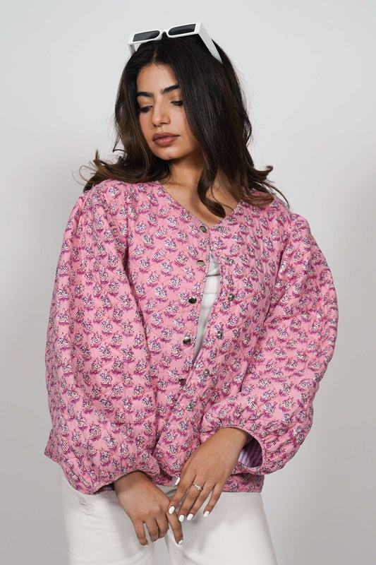 Oversized puffy sleeve quilted jacket - Pink Petals