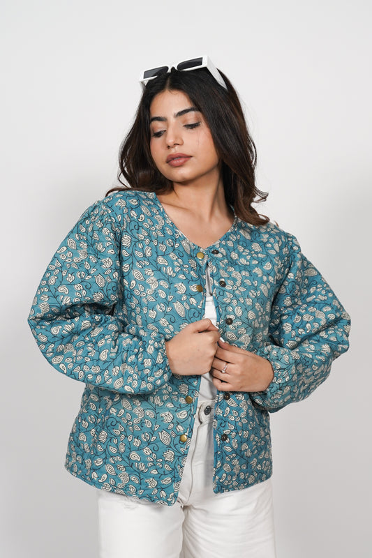 Oversized puffy sleeve quilted jacket - Blue Stem