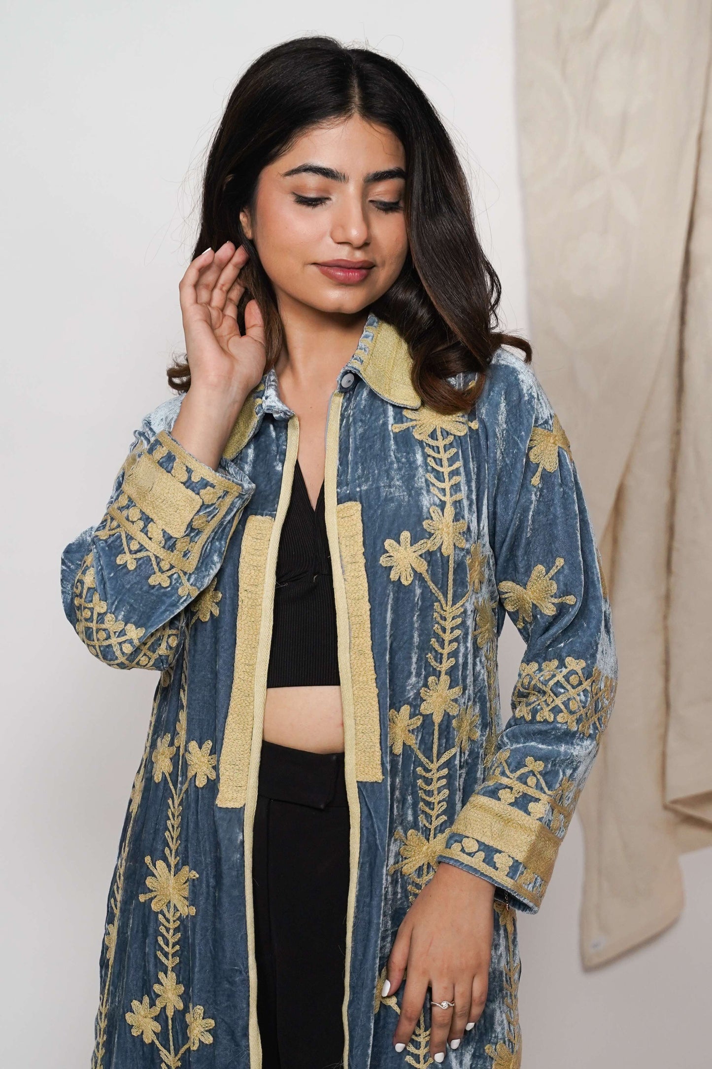 Mariana Silk velvet coat - Ice Blue