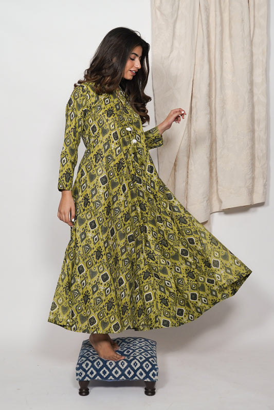 Cotton Dress - Forest Green Ikat