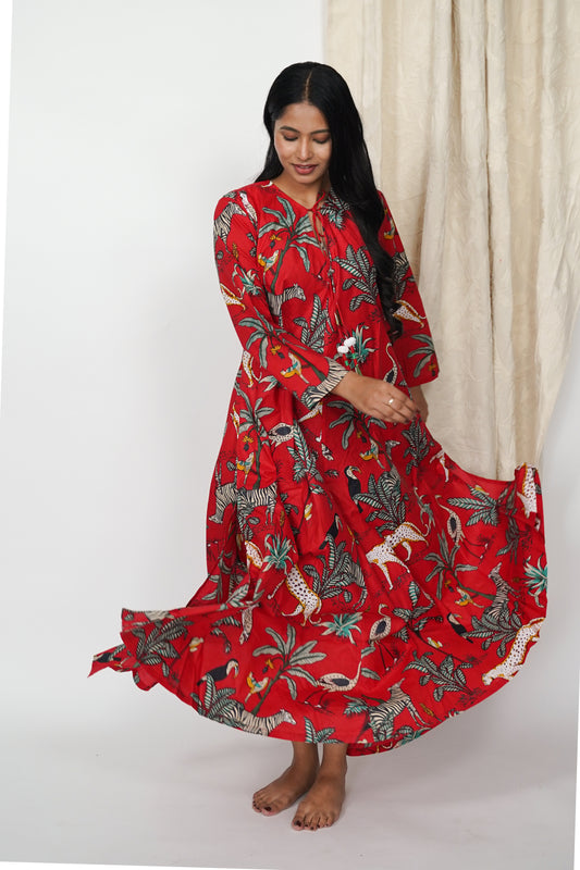 Cotton Dress - Red Jungle