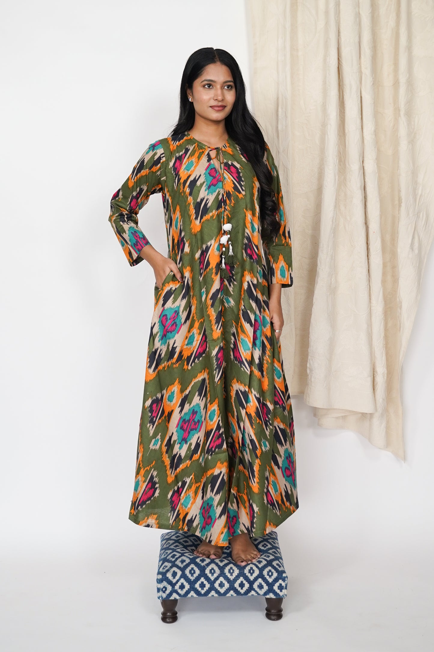 Cotton Dress - Green Ikat