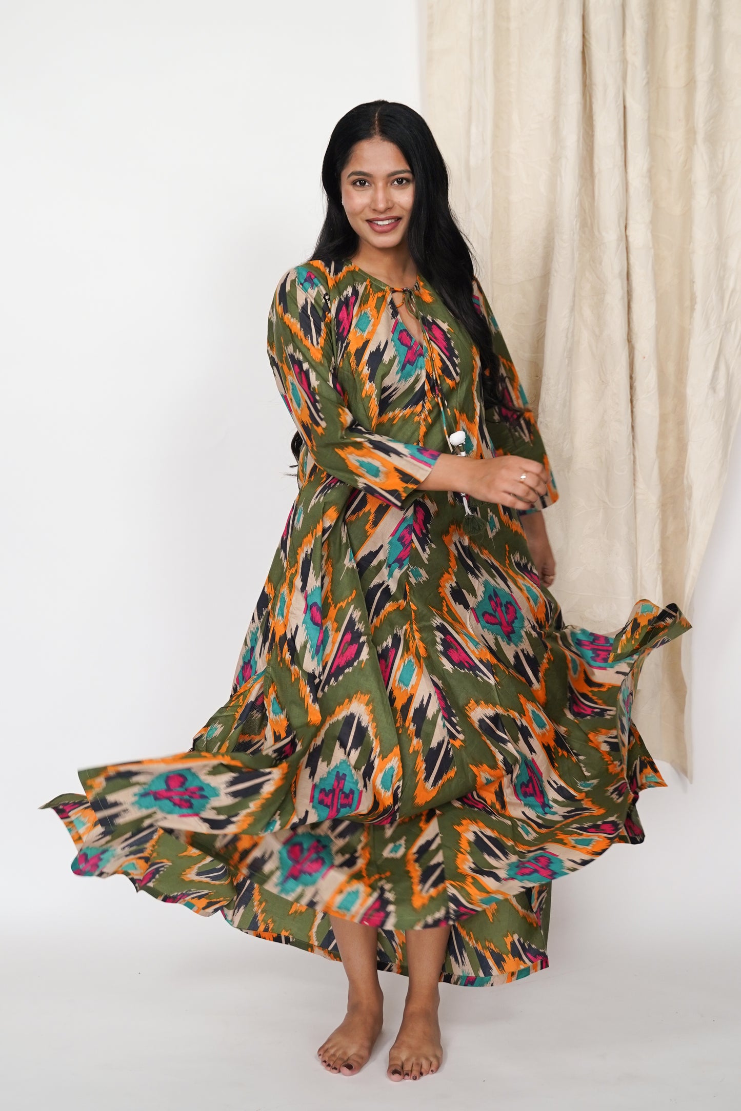 Cotton Dress - Green Ikat