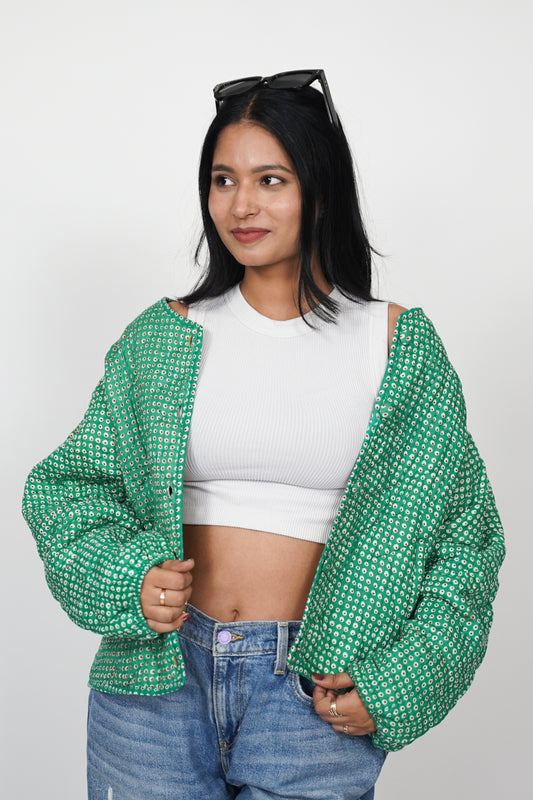Oversized puffy sleeve quilted jacket - Green Polka