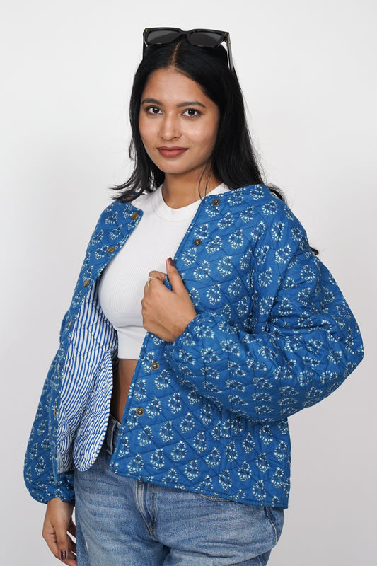 Oversized puffy sleeve quilted jacket - Blue Fern