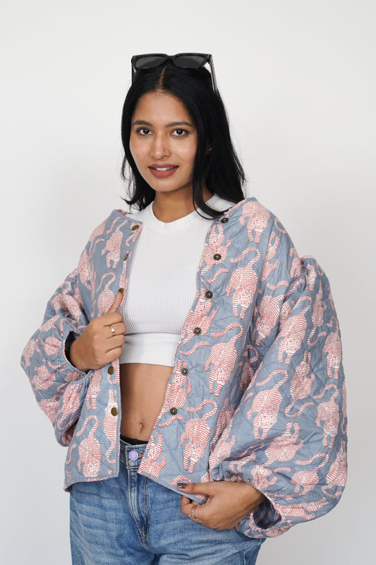 Oversized puffy sleeve quilted jacket - Pink Tiger