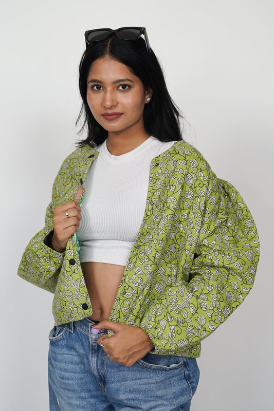 Green Floral Puffer Quilted Jacket