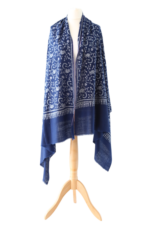 Hand Embroidered Cashmere Pashmina Wrap'Suzain Blue'