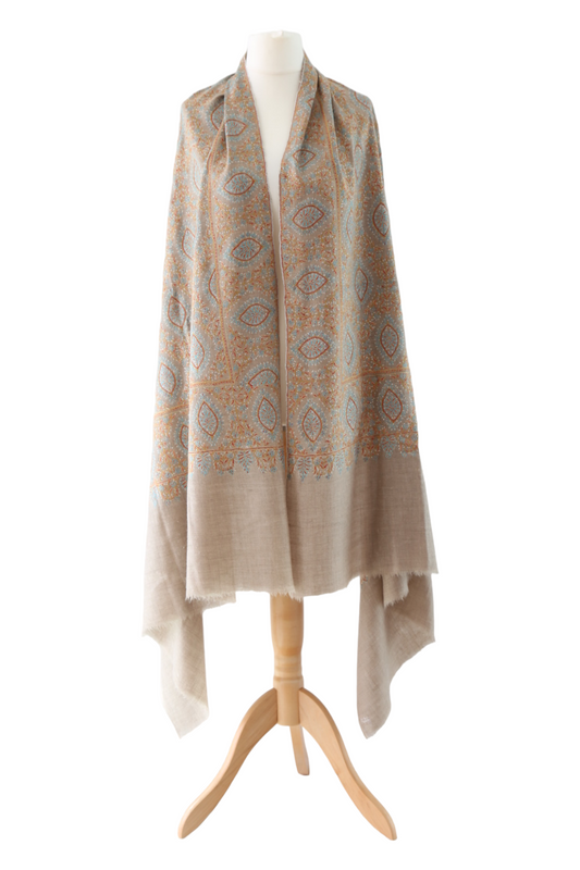 Jamawar-Jaal Kaal Series Hand Embroidered Pashmina Shawl Beige
