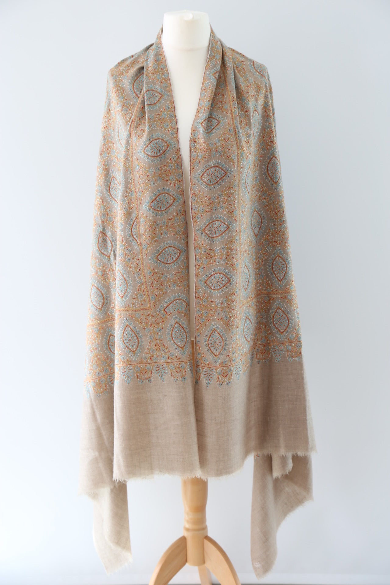 Jamawar-Jaal Kaal Series Hand Embroidered Pashmina Shawl Beige