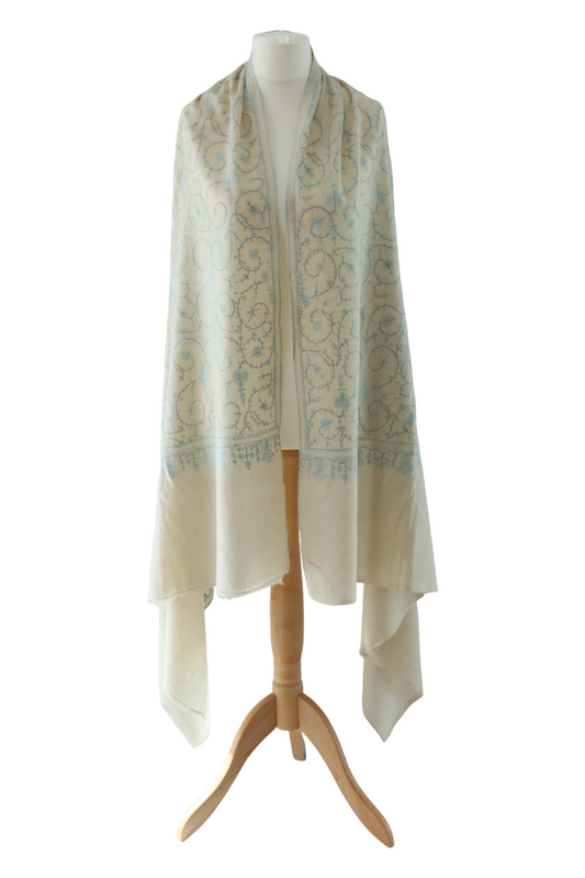 Sozni Jaal Hand Embroidered Pashmina Blue Floral