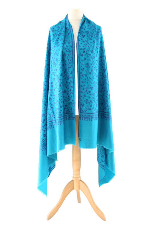 Sozni Jaalidaar Hand Embroidered Pashmina Shawl Peacock Blue