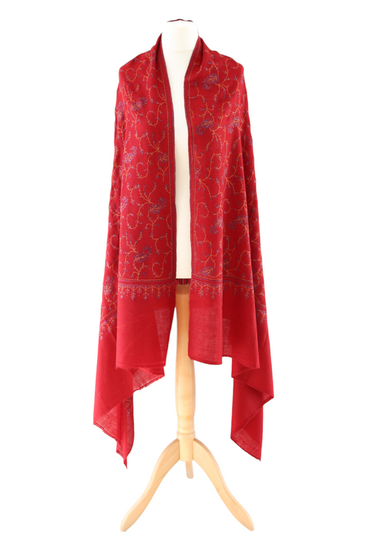Taneem Red Hand Embroidered Pashmina Shawl