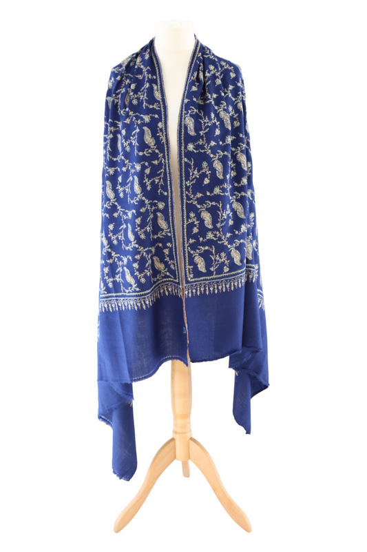 Sozni Hand Embroidered Pashmina Midnight Blue