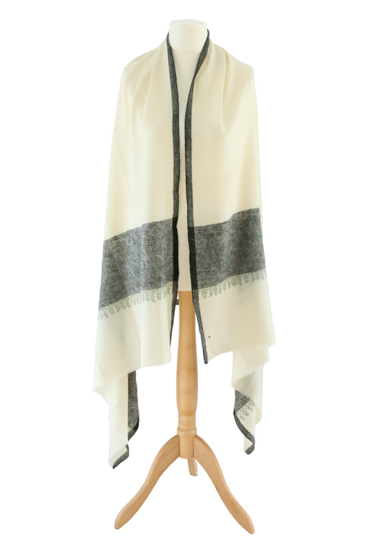 Cream White Border Embroidered Pashmina Shawl