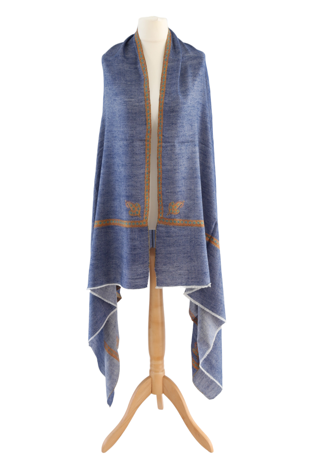 Paisley Border Embroidered Pashmina Shawl Denim