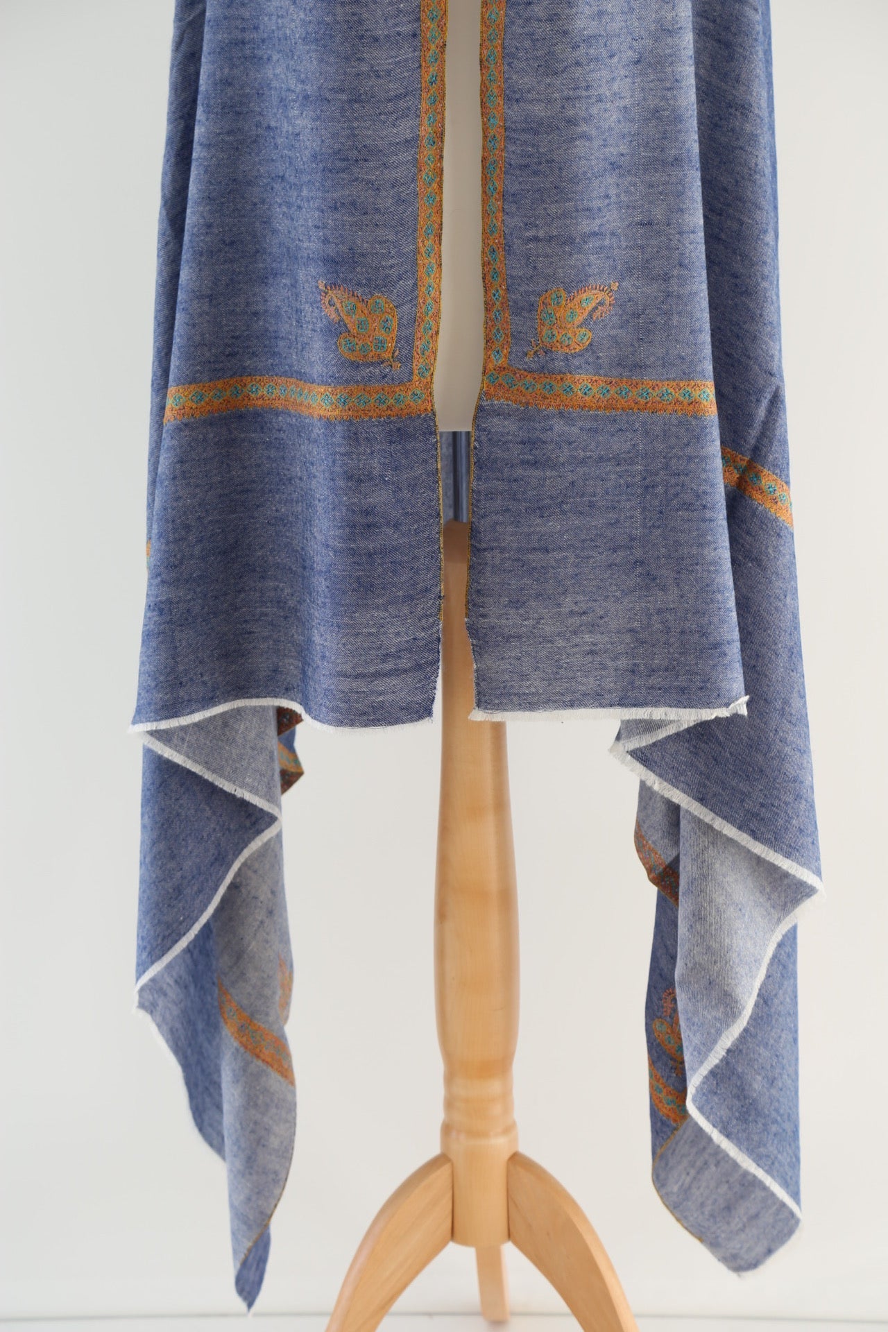 Paisley Border Embroidered Pashmina Shawl Denim