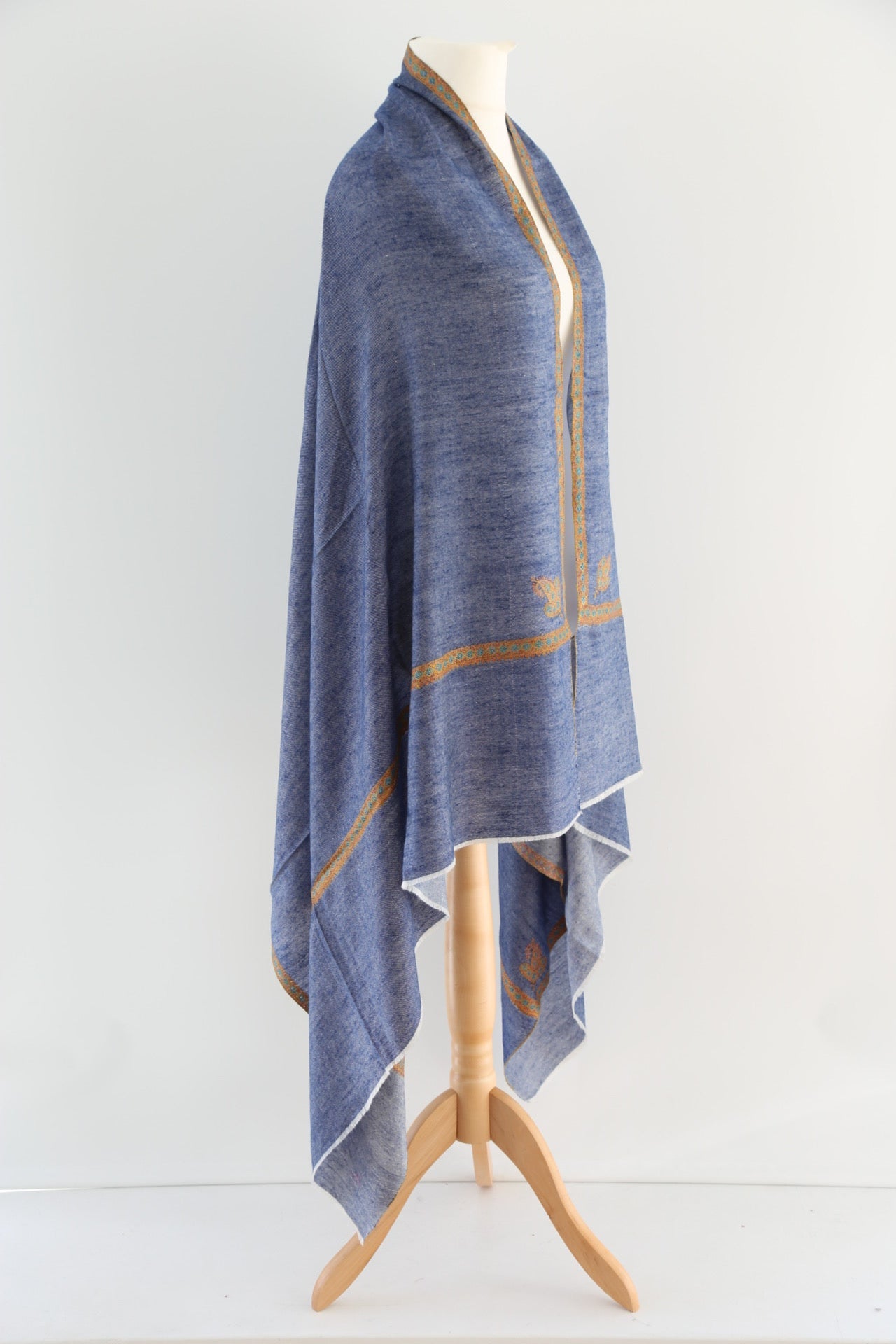 Paisley Border Embroidered Pashmina Shawl Denim