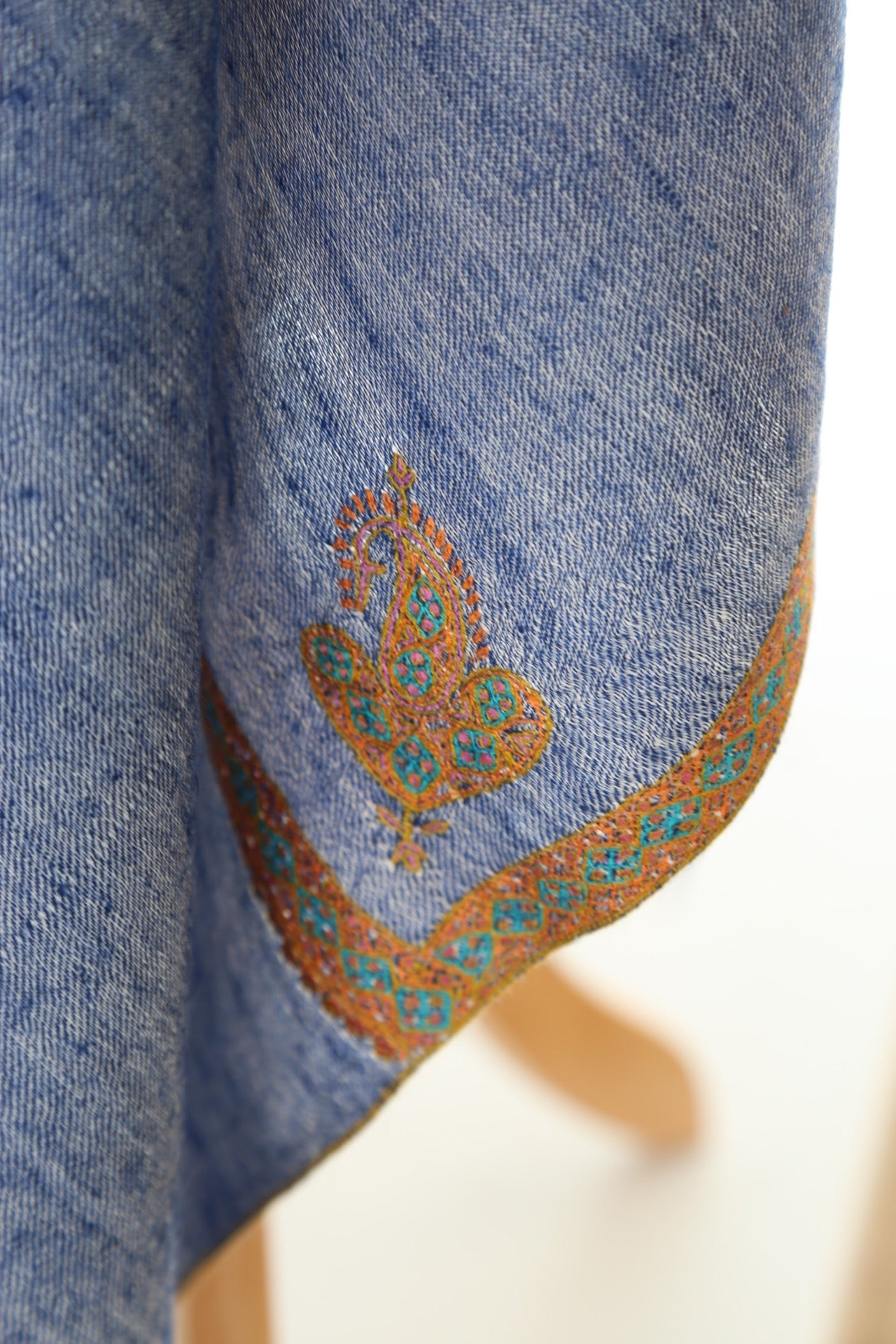 Paisley Border Embroidered Pashmina Shawl Denim