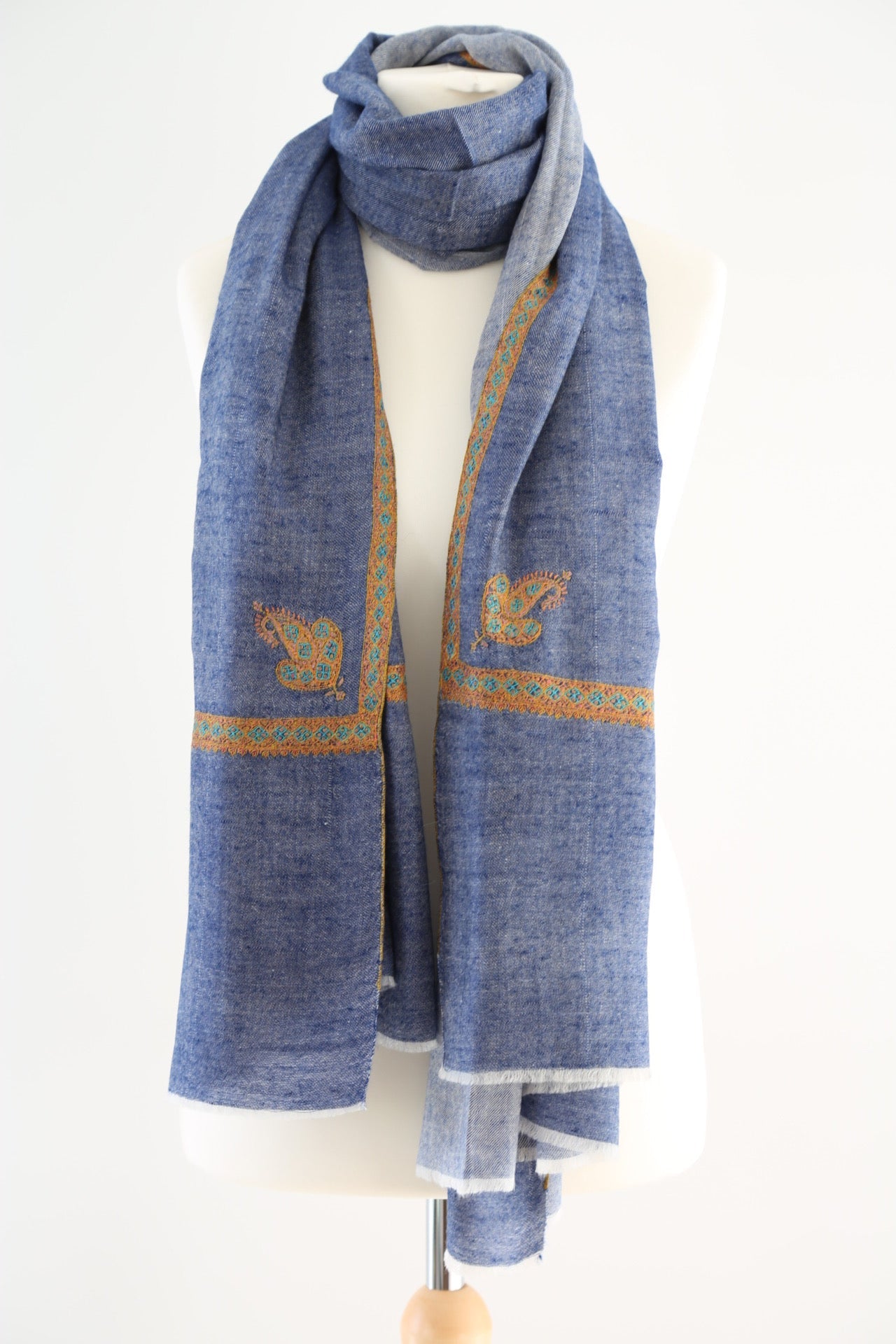 Paisley Border Embroidered Pashmina Shawl Denim