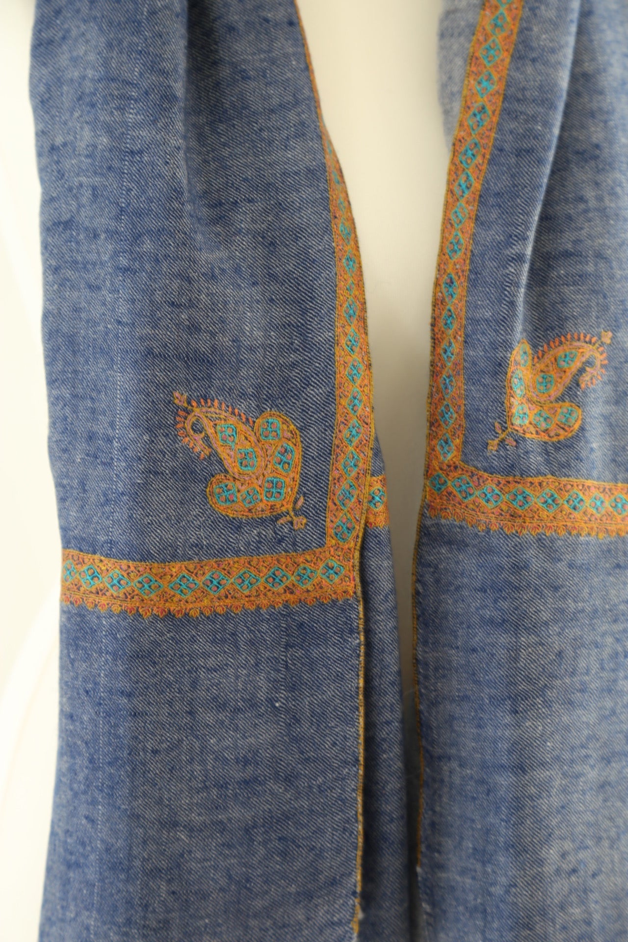 Paisley Border Embroidered Pashmina Shawl Denim