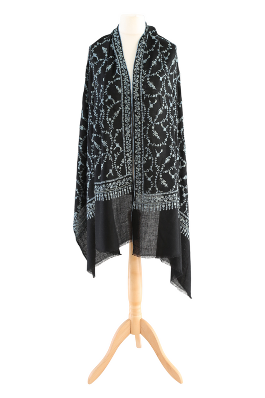 Sozni Hand Embroidered Pashmina Wrap Black