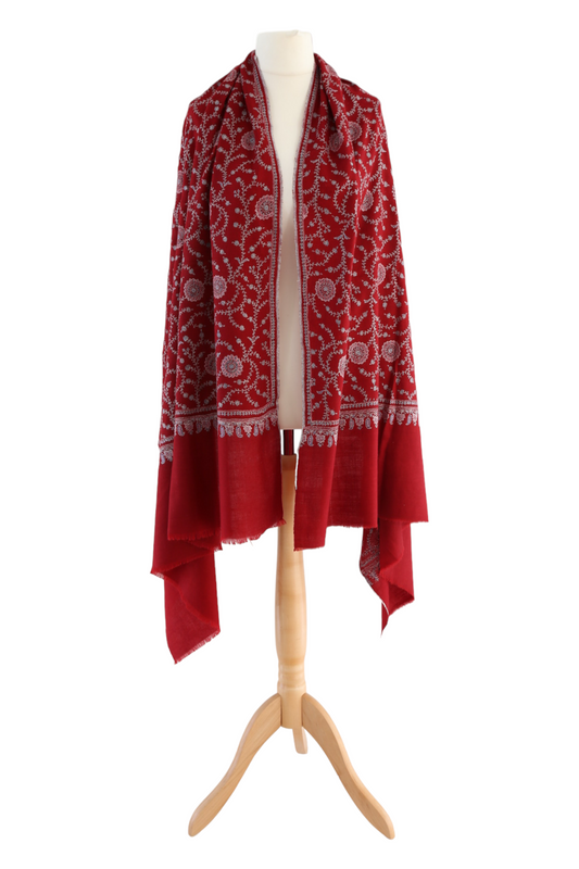 Khaavar Hand Embroidered Pashmina Shawl Red