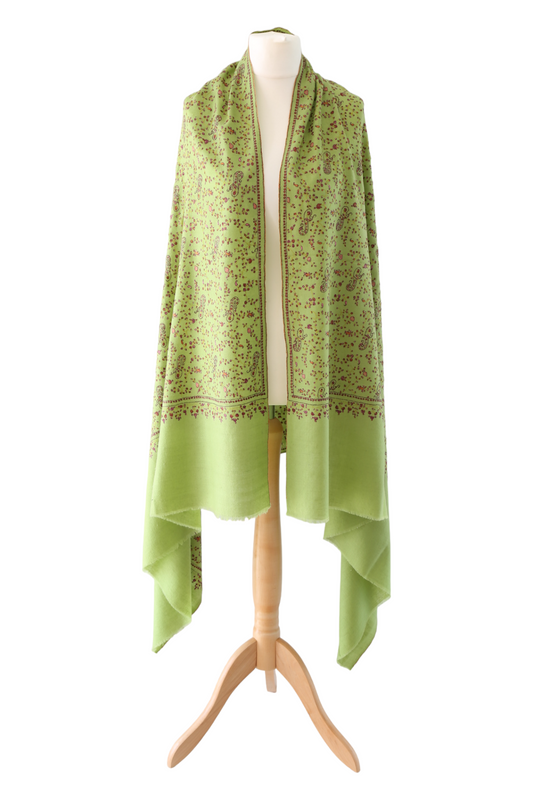 Sozni Hand Embroidered Pashmina Shawl Lime Green