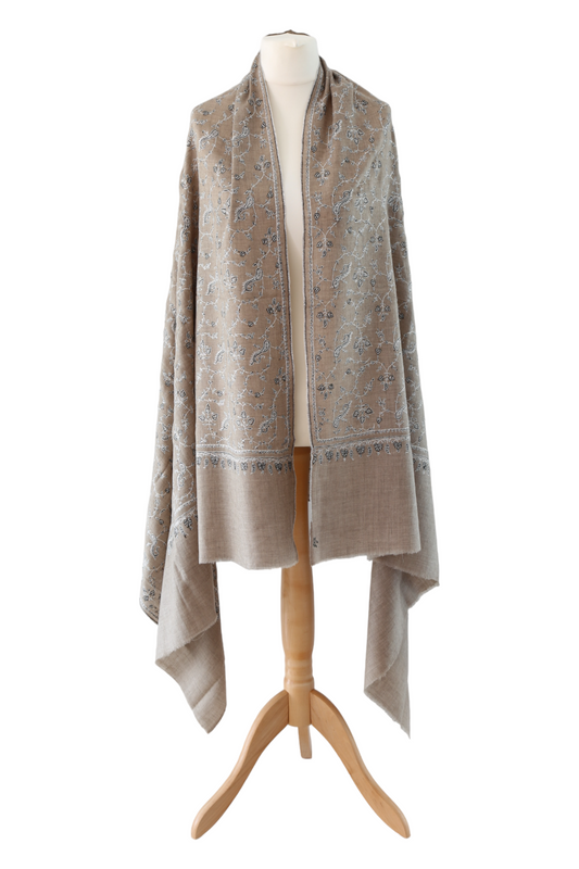 Sozni Hand Embroidered Pashmina Shawl Beige