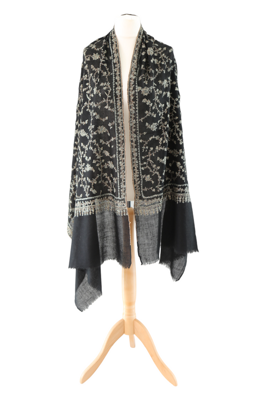 Sozni Hand Embroidered Pashmina Wrap Black