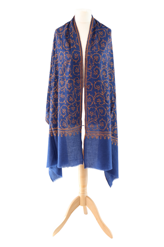 Sozni Hand Embroidered Pashmina Wrap Navy