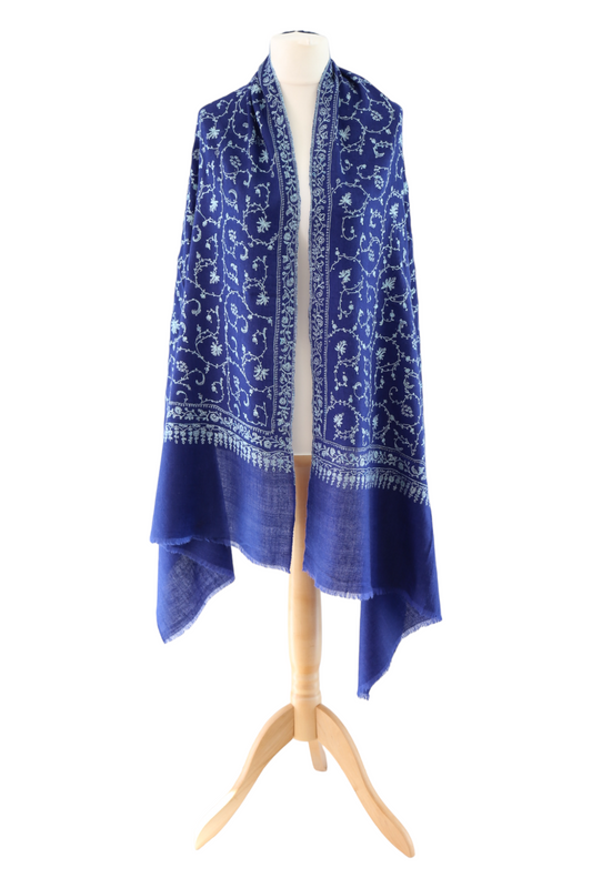 Sozni Hand Embroidered Pashmina Wrap Royal Blue