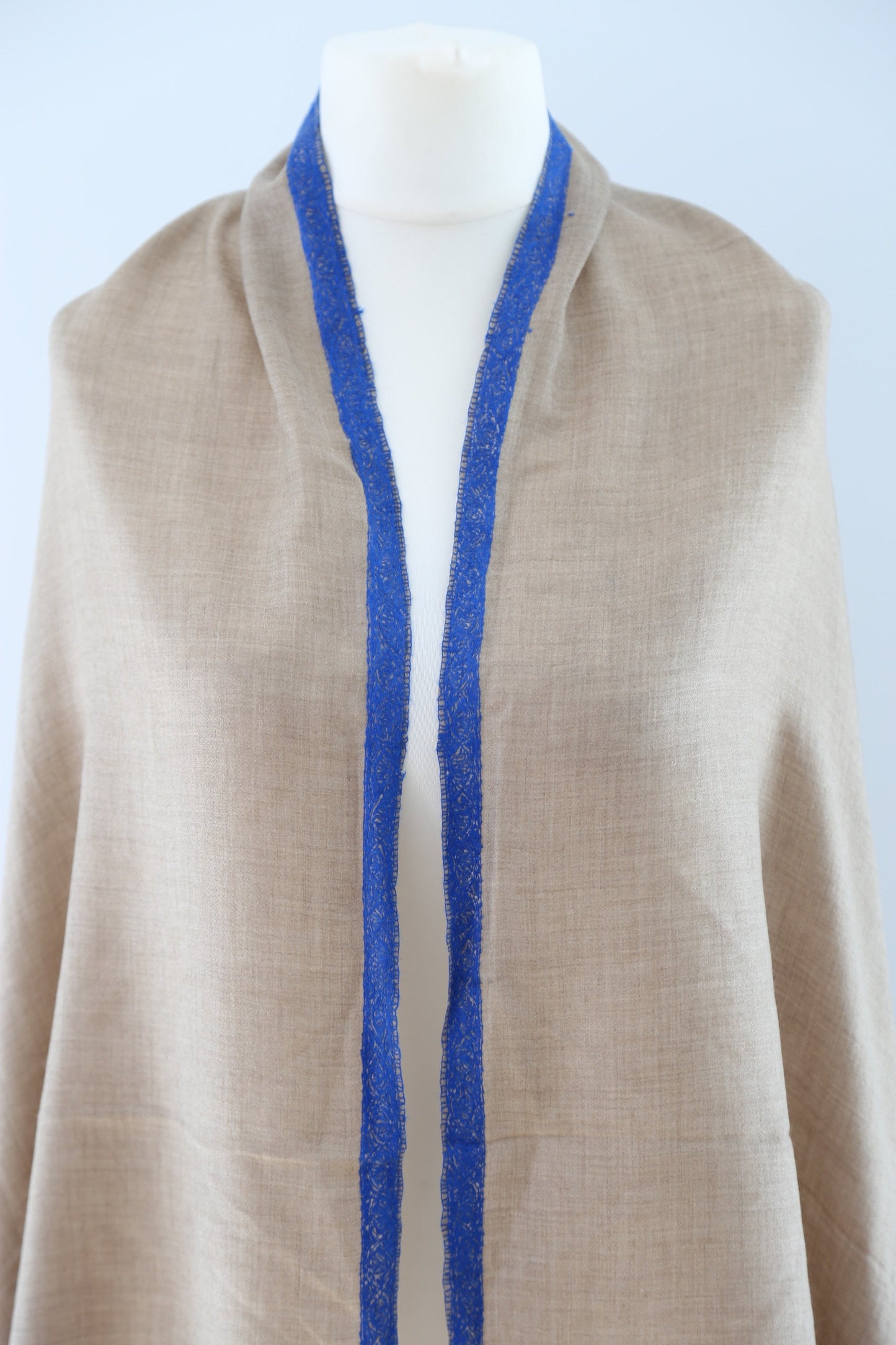 Natural Pashmina Shawls with Border Embroidery - Blue