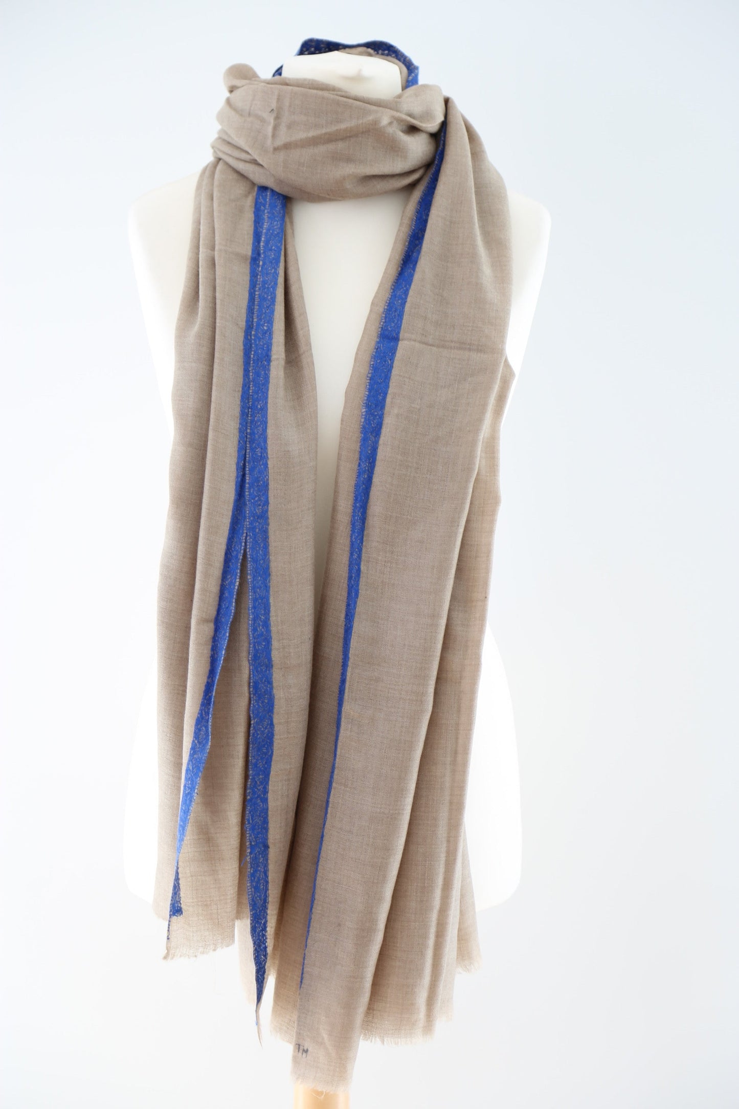 Natural Pashmina Shawls with Border Embroidery - Blue