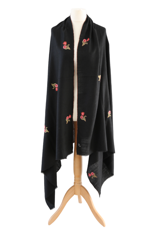 Floral Embroidery Pashmina Shawl - Black