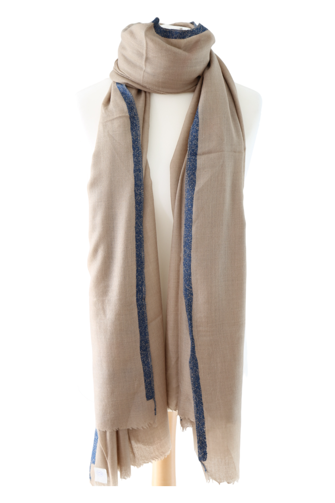 Natural Pashmina Shawls with Border Embroidery - Royal Blue