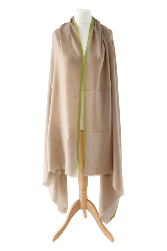 Natural Pashmina Shawls with Border Embroidery - Lime Green