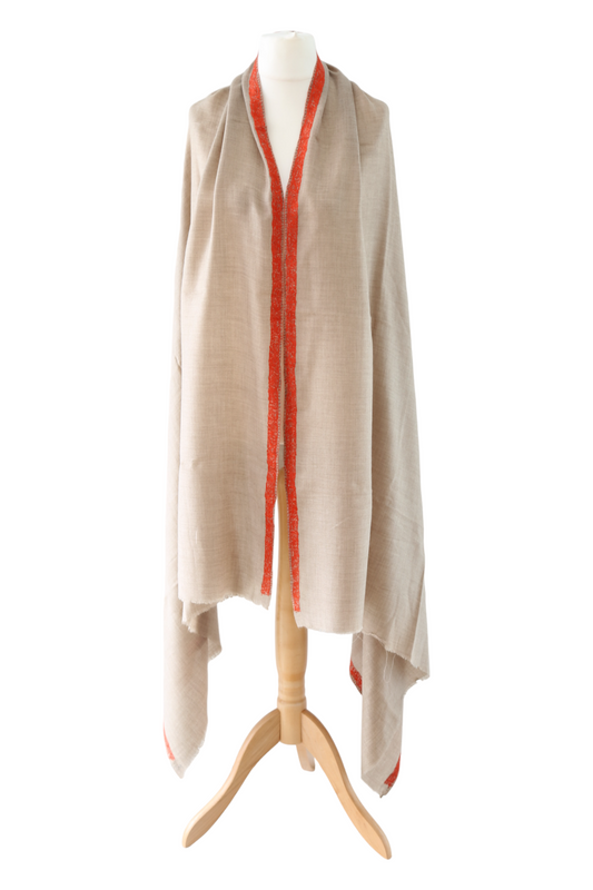Natural Pashmina Shawls with Border Embroidery - Orange