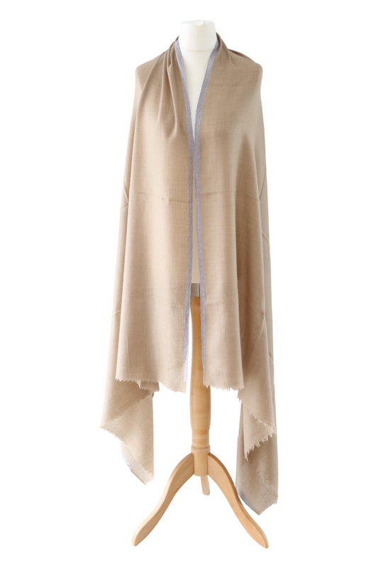 Natural Pashmina Shawl with Border Embroidery - Ice Grey