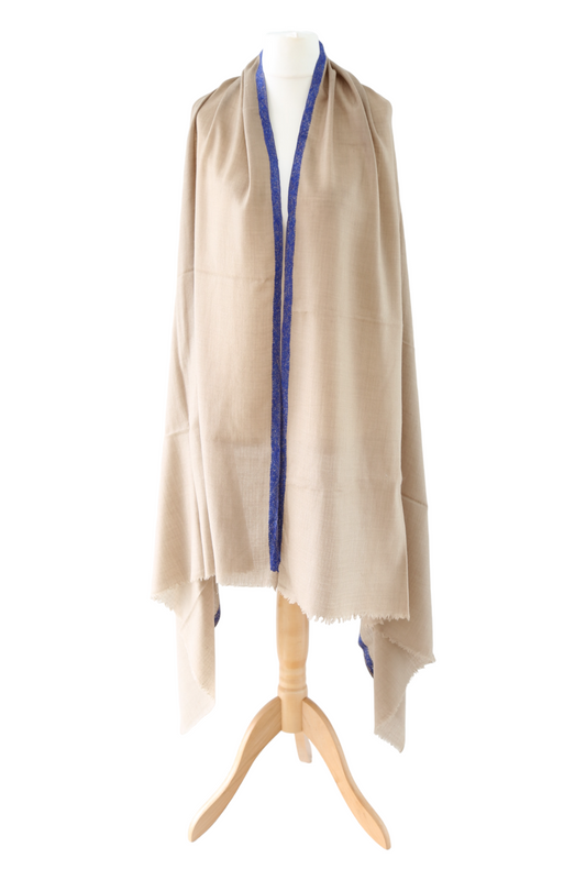 Natural Pashmina Shawl with Border Embroidery - Blue