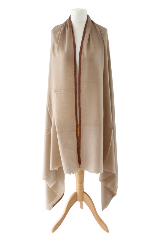 Natural Pashmina Shawl with Border Embroidery - Brown