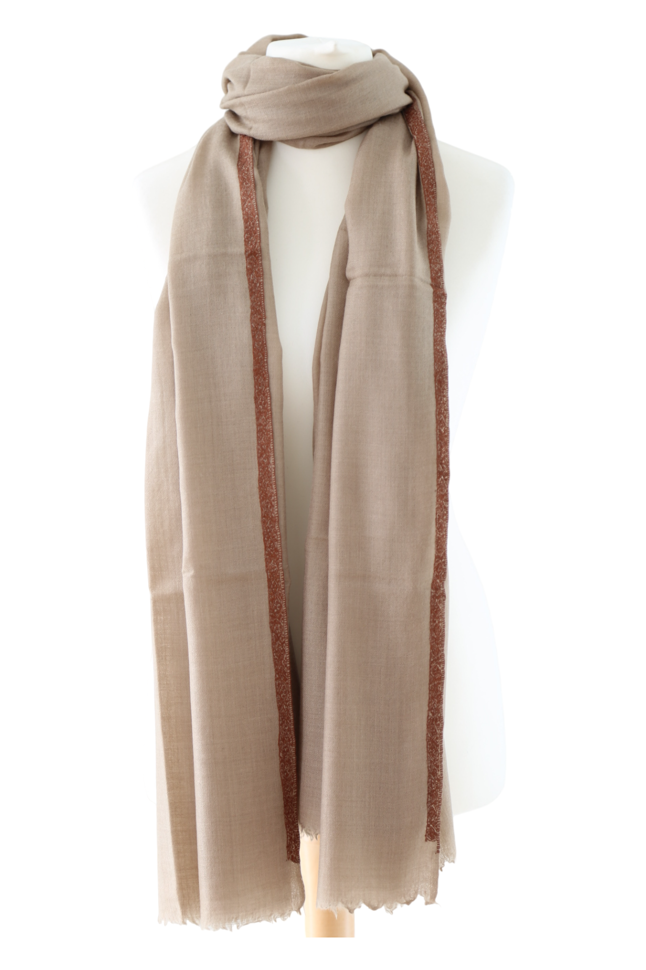 Natural Pashmina Shawl with Border Embroidery - Brown