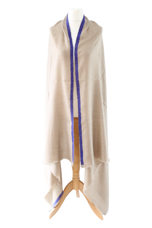 Natural Pashmina Shawl with Border Embroidery - Navy Blue